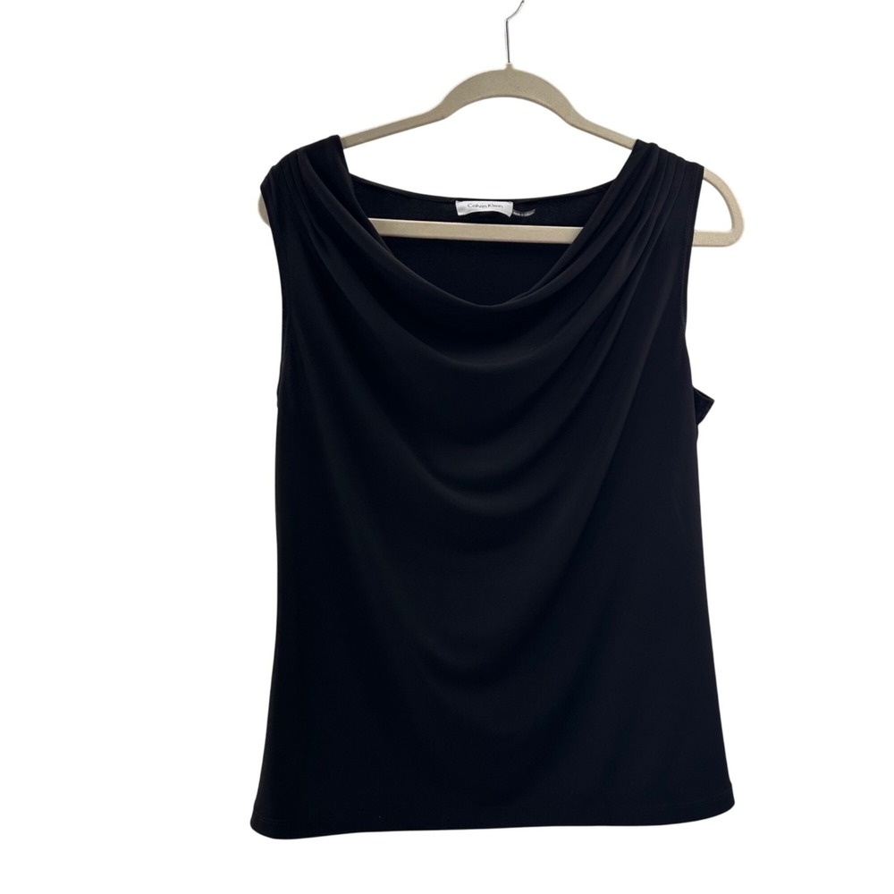 Calvin Klein Black M Sleeveless Draped Neck Tank Top Classic Old Money Cowl Neck